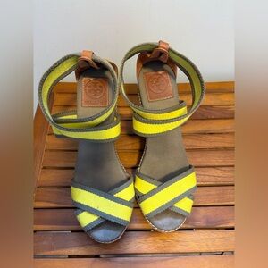 Tory Burch Yellow and Taupe Canvas Ankle-Strap Wedge Sandals